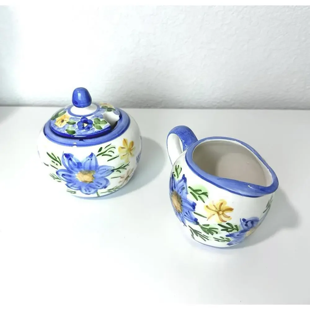 VTG Ceramic Sugar Bowl & Creamer Floral Pattern White Blue & Yellow Italy Made